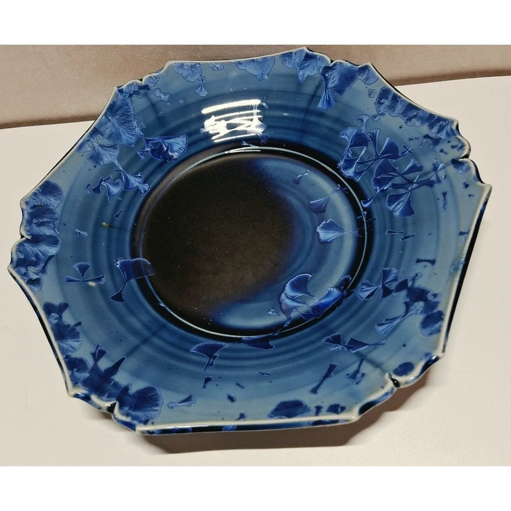 Studio Pottery Crystalline Glaze Blue Scalloped Octagon Plate Signed 9.25 Inch